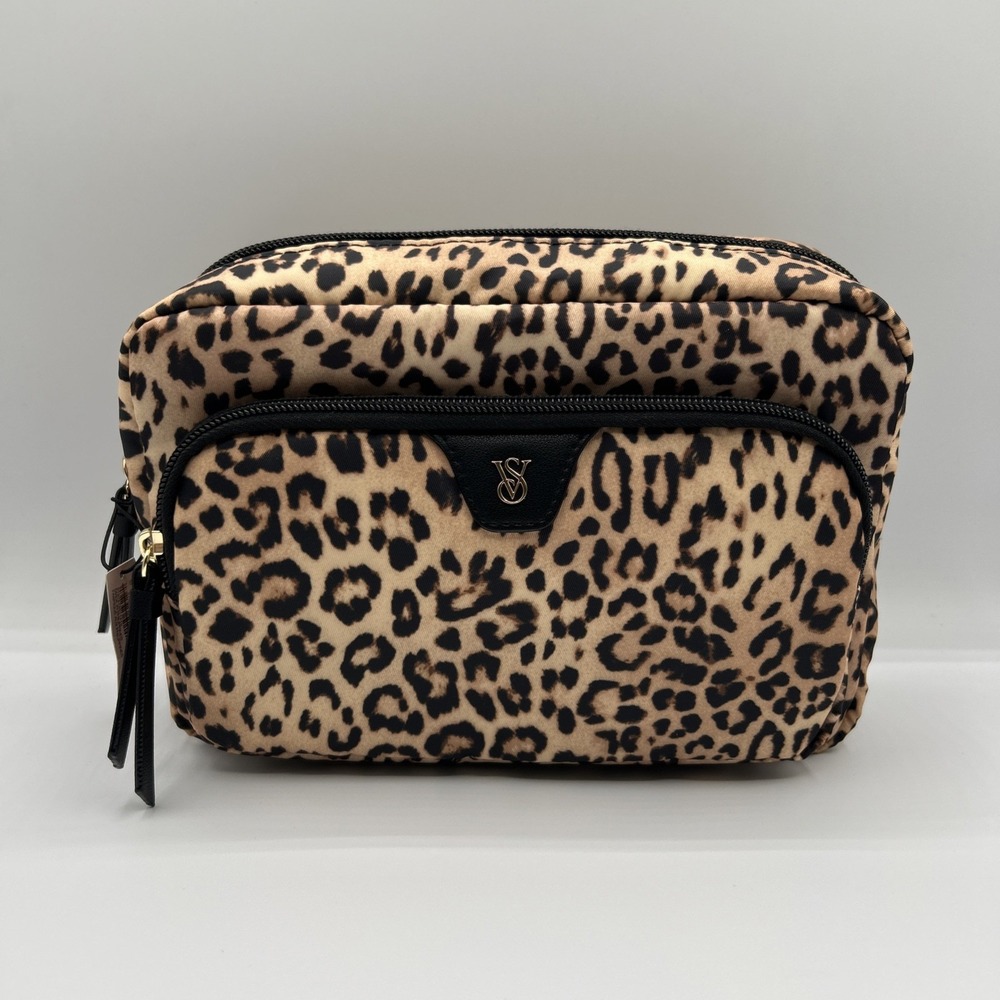 Victoria's Secret Leopard Print Multi-Zip Travel Cosmetic Bag Makeup Case NWT